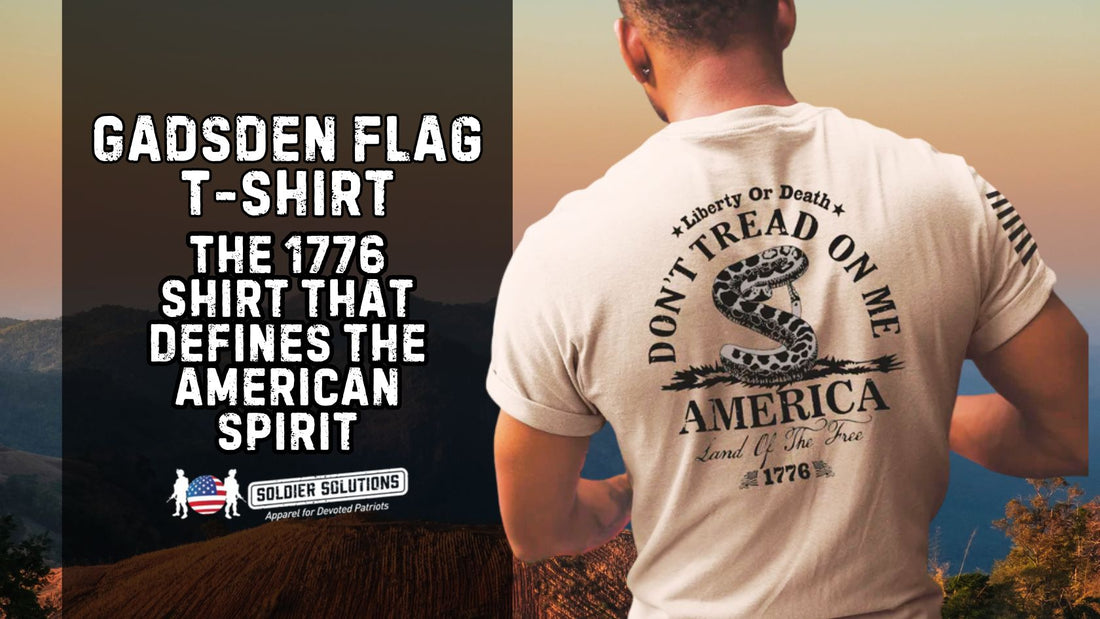 Back of 1776 shirt with Liberty or Death snake graphic and Don’t Tread on Me flag print