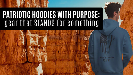 Patriotic hoodie hero banner featuring a man in a blue We the People hoodie walking through red rock canyons with bold text: "Gear That Stands for Something."