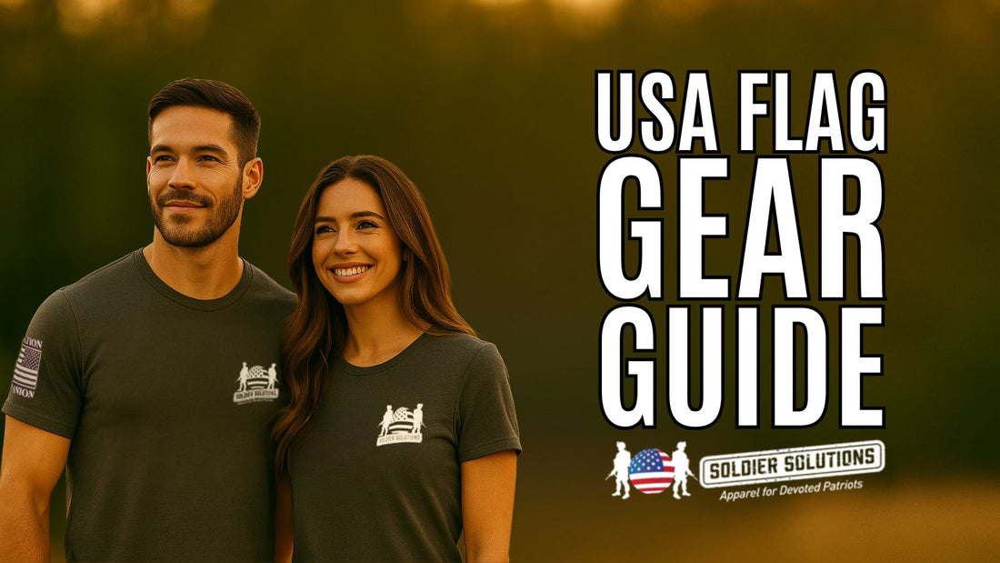 USA flag gear guide showcasing patriotic apparel, American flag t-shirts, hats, and accessories for men and women.