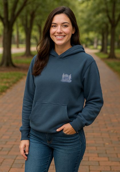 Front of women’s 22 A Day hoodie with Soldier Solutions chest logo supporting veteran causes.