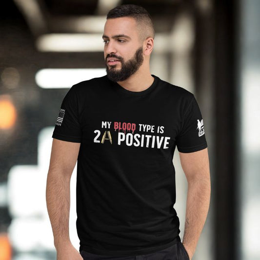 Men’s 2A Positive t-shirt featuring strong Second Amendment message and Soldier Solutions logo on sleeve.