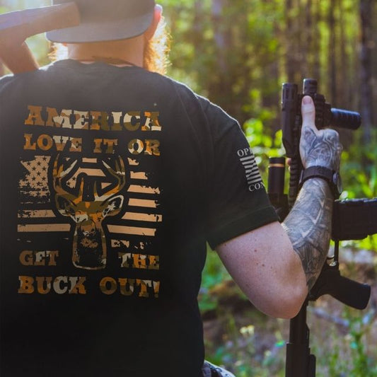 Patriotic hunting shirt with America Love It or Get the Buck Out back print