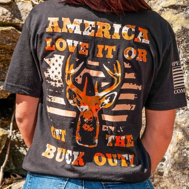 Back design of America Love It or Get the Buck Out patriotic women’s shirt