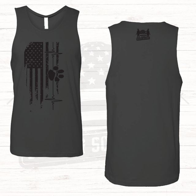 Flat lay of men's tank top showing front American flag paw print design and back logo
