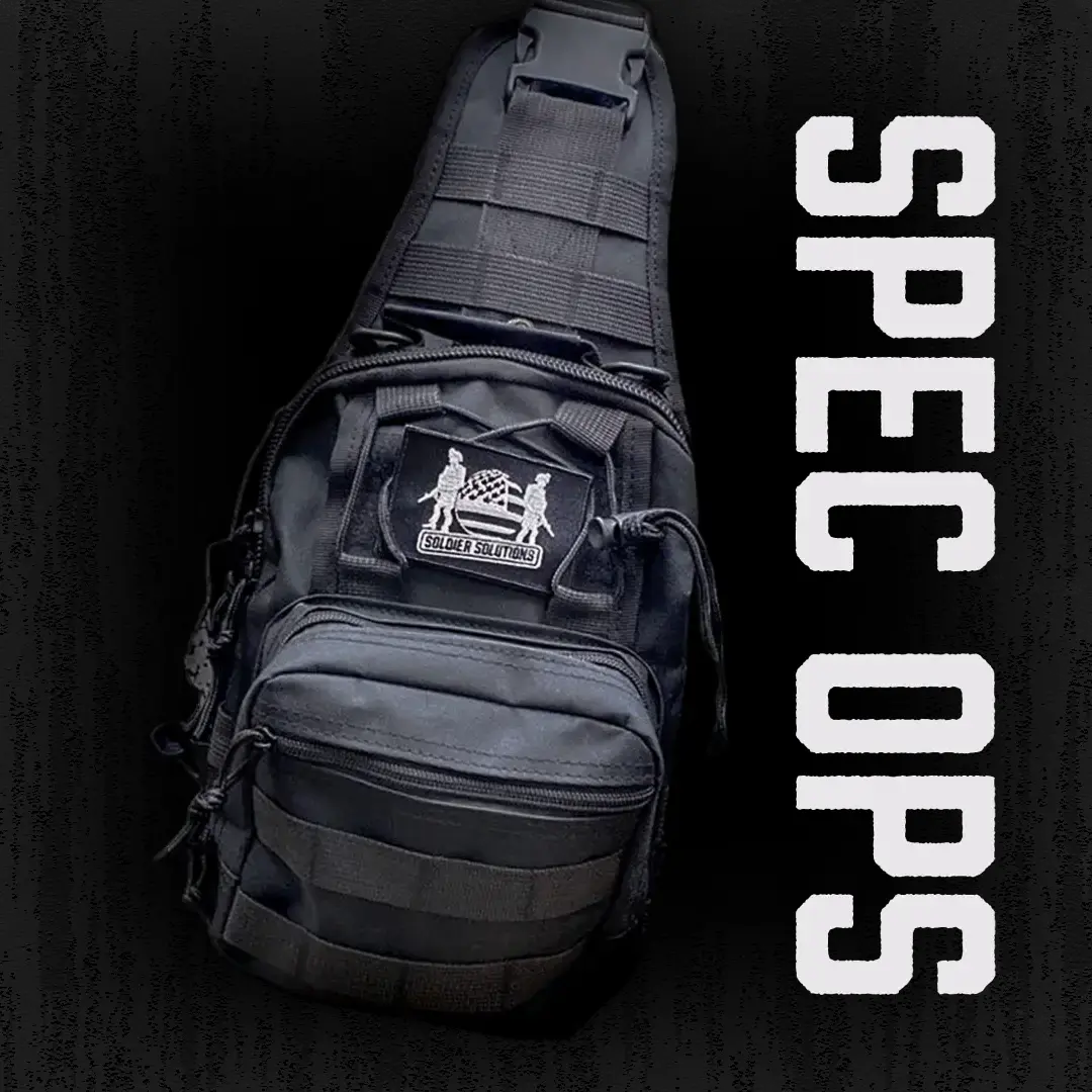 Soldier Solutions Spec Ops black camo tactical sling bag with patch and heavy-duty zippers