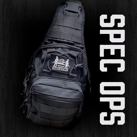 Soldier Solutions Spec Ops black camo tactical sling bag with patch and heavy-duty zippers