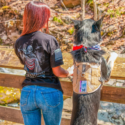 Defending Our Liberty women’s tee showing soldier carrying Lady Liberty artwork