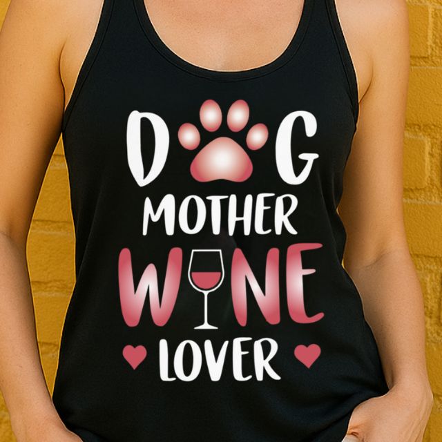 Close-up of Dog Mother Wine Lover graphic on women’s patriotic racerback tank