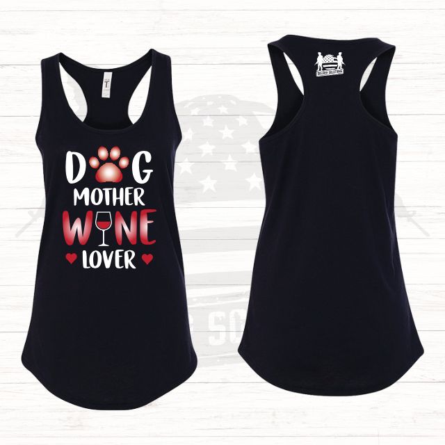 Front and back display of Dog Mother Wine Lover patriotic women’s tank