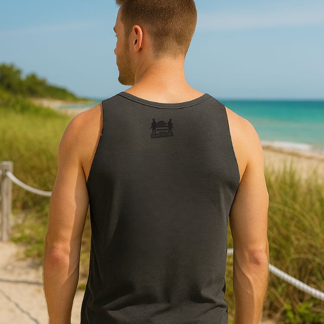 Back view of black tank top with Soldier Solutions logo at the neck