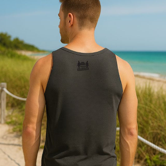 Back view of black tank top with Soldier Solutions logo at the neck