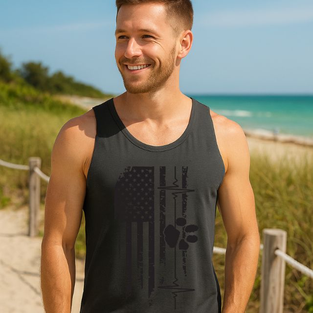 Front view of black tank top with American flag and paw print heartbeat design