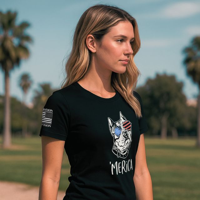 Side view of Merica women’s shirt with American flag dog graphic and Operation Companion sleeve