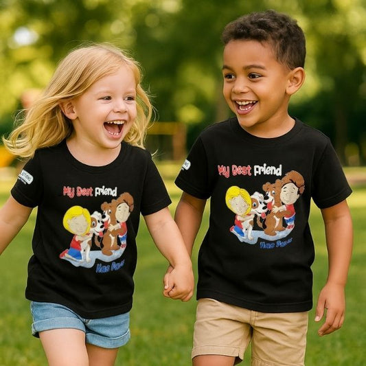 Two children wearing My Best Friend Has Paws patriotic kids t-shirts