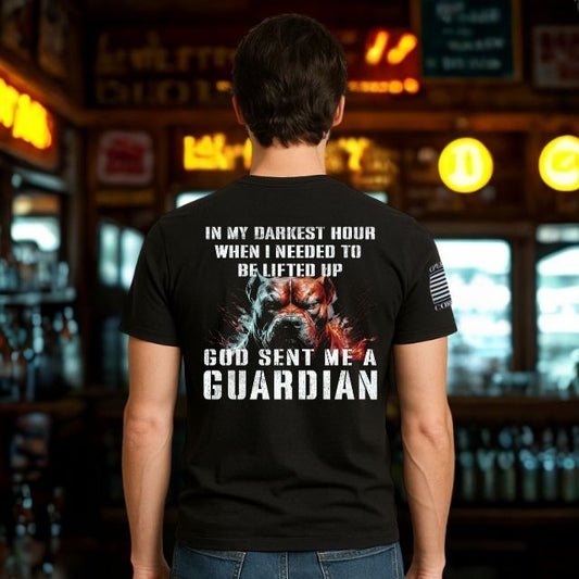 Back of My Guardian Angel men’s tee with fierce bulldog guardian and quote