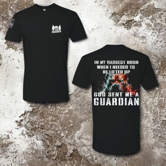 Full layout of My Guardian Angel shirt showing front logo and back bulldog graphic