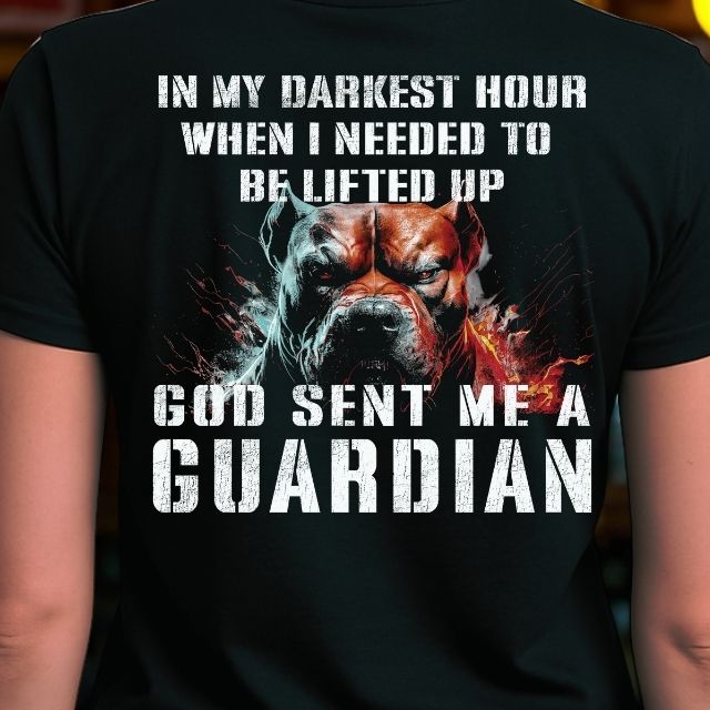 Close-up of bulldog graphic and Guardian quote on My Guardian Angel shirt