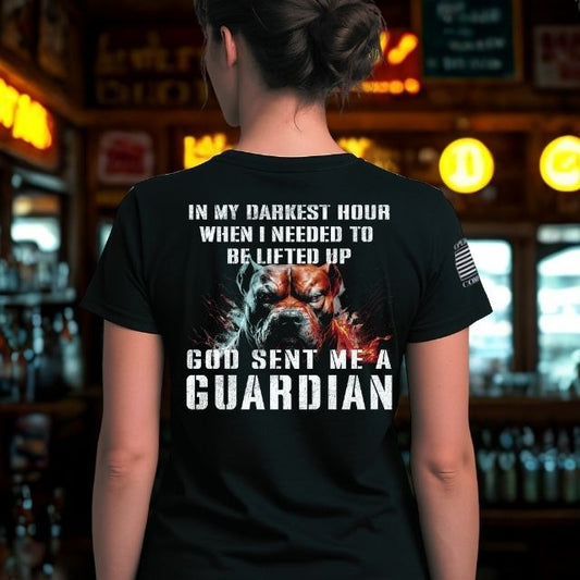 Back of My Guardian Angel tee with bulldog and quote God Sent Me a Guardian