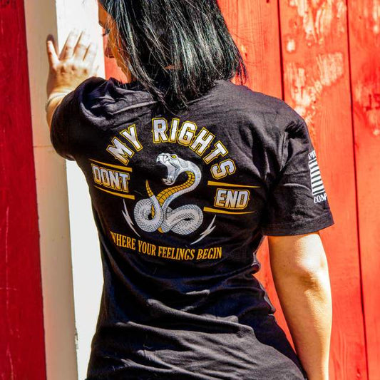 Women’s patriotic tee with My Rights Don’t End Where Your Feelings Begin back design