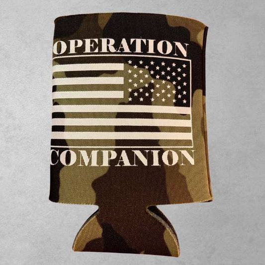 Camo can coozie featuring Operation Companion American flag design