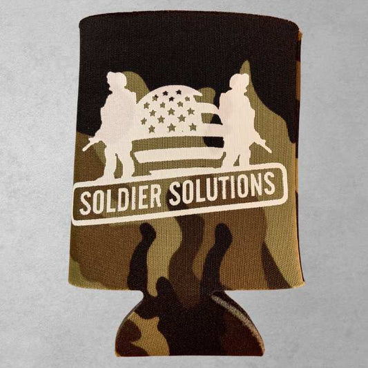 Patriotic camo can coozie with Soldier Solutions logo in white