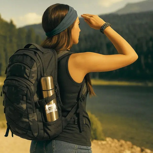 Camo 550 paracord survival bracelet with built-in compass, flint starter, and emergency whistle.