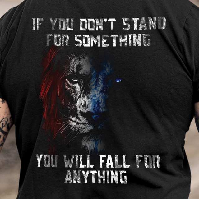 Zoomed-in back graphic of lion face in red, white, and blue on Stand for Something t-shirt