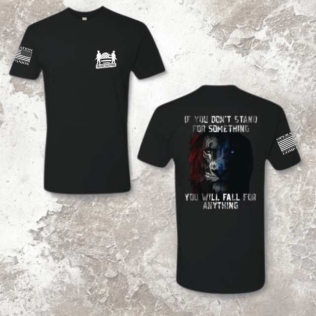 Display of both front and back of Stand for Something Women's Patriotic t-shirt with Soldier Solutions graphics and lion quote