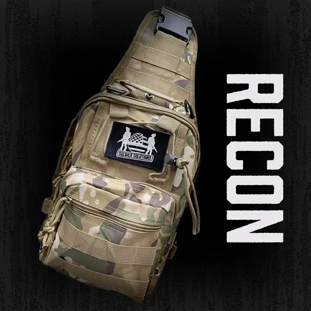 Soldier Solutions tactical sling bag in multicam camo with MOLLE webbing and patch.