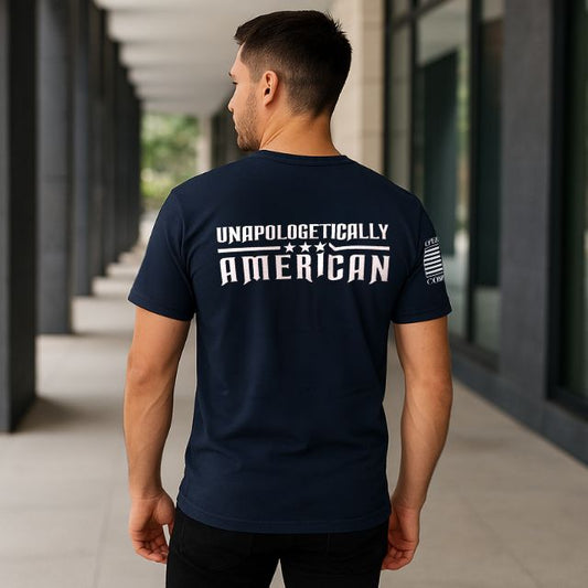 Unapologetically American men’s shirt with bold patriotic back design