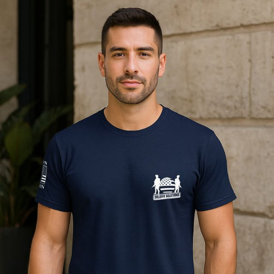 Front Soldier Solutions logo on Unapologetically American men’s patriotic shirt