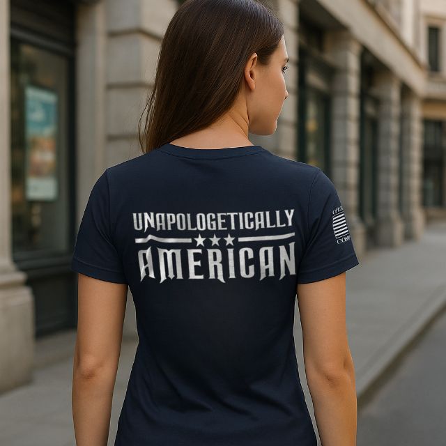 Unapologetically American women’s shirt with patriotic back design
