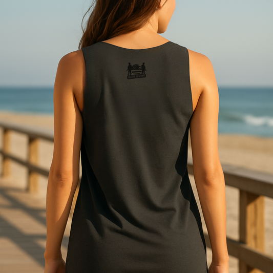 Back view of women’s black tank top with Soldier Solutions logo printed on the neck