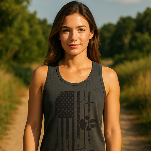 Front view of women’s black tank top with American flag and paw print heartbeat graphic