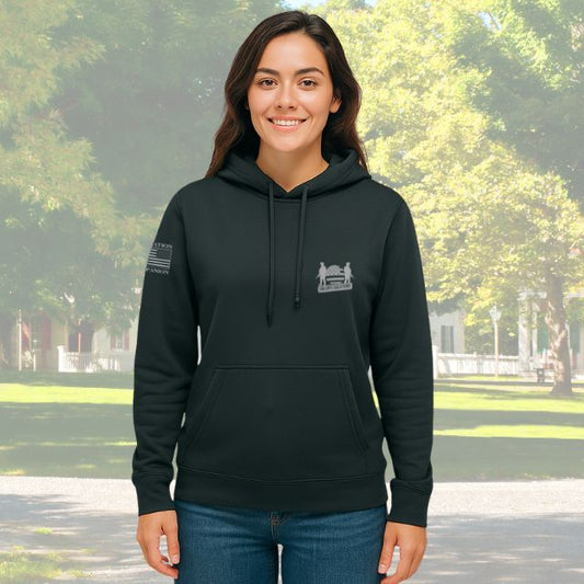 Front view of Women's American Companion hoodie featuring Soldier Solutions logo and sleeve print