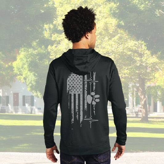American Companion Hoodie for men with distressed American flag and paw print heartbeat graphic on the back