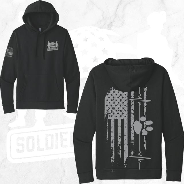 Front and back flatlay of black American Companion Hoodie featuring patriotic flag and paw print graphic