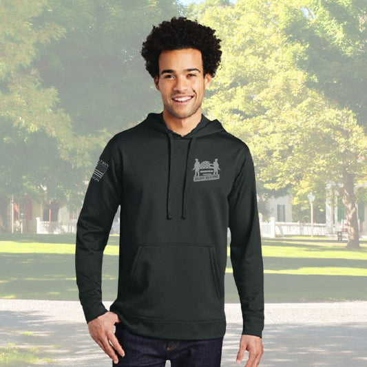 Men’s American Companion Hoodie front view with Soldier Solutions chest logo and Operation Companion sleeve print