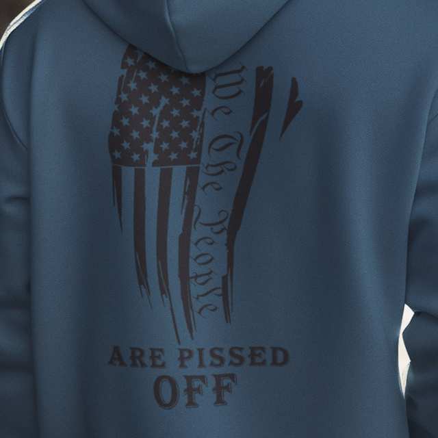 Close-up of back print featuring distressed American flag and “We The People” text on hoodie