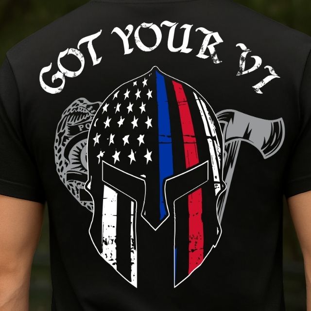 Close-up of Spartan helmet graphic with American flag, Thin Blue Line, and Thin Red Line