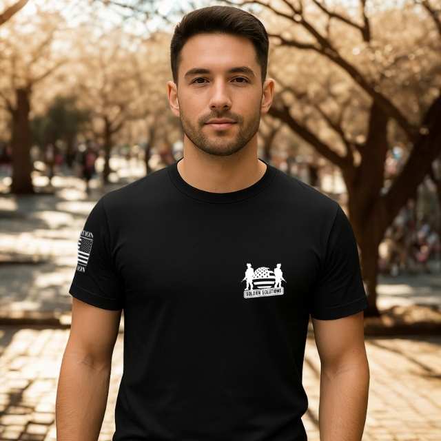 Front chest Soldier Solutions logo on Duck Around and Find Out men's tee