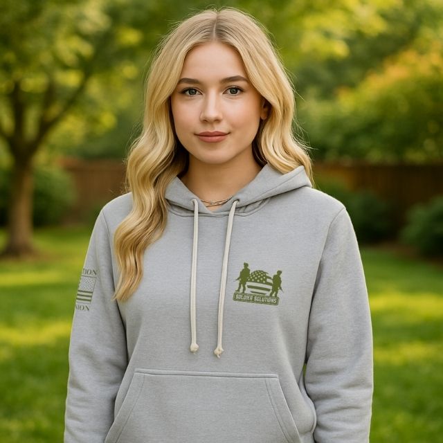 Women's hoodie with Soldier Solutions front logo in olive green