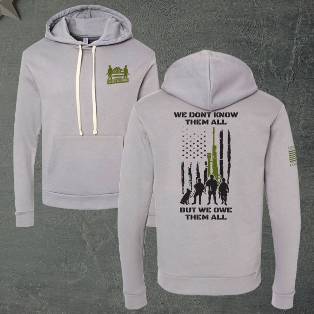 Front and back view of grey hoodie honoring veterans with tribute design