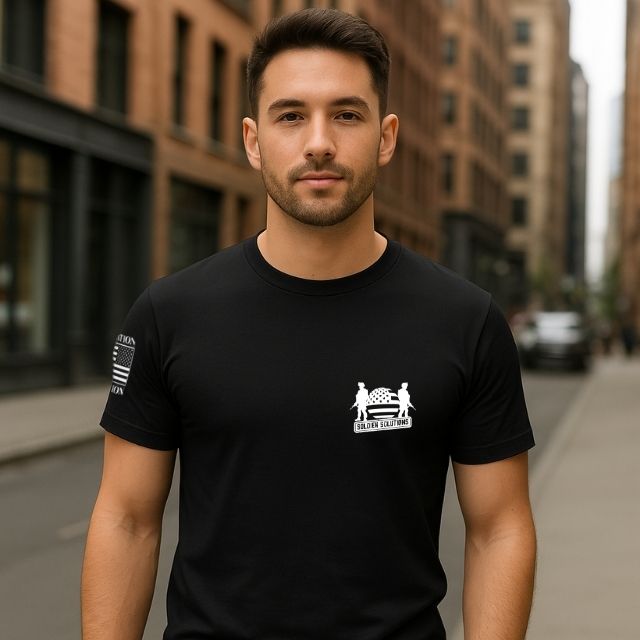Front view of men's I Got Your 6 shirt featuring Soldier Solutions logo