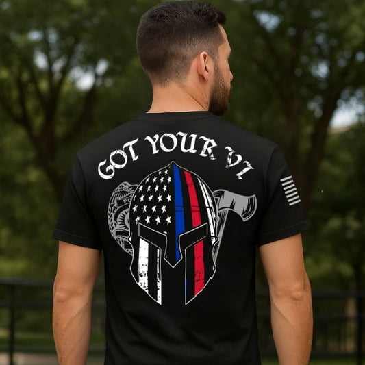 Man wearing black Got Your 6 t-shirt with American flag Spartan helmet design on back