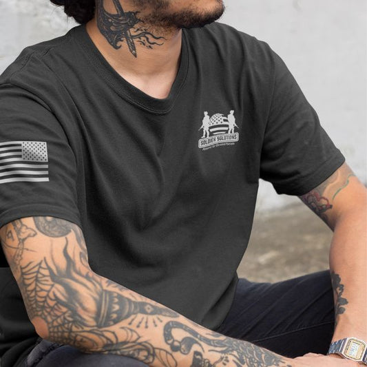 Soldier Solutions men’s shirt with white logo and American flag print on sleeve