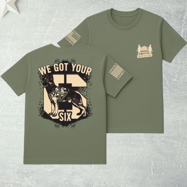 Product display showing front and back of We Got Your Six men’s shirt with service dog graphic