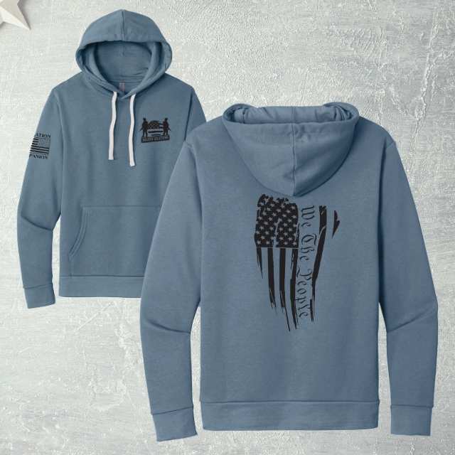 Product mockup showing front Soldier Solutions logo and bold patriotic back print