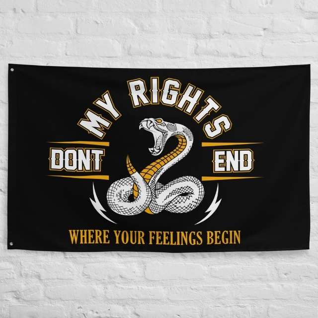 My Rights Don’t End Patriotic flag featuring coiled snake and bold freedom message