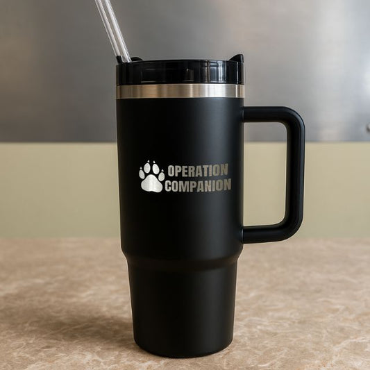 Operation Companion 40oz black Stanley Style tumbler with paw logo, fits Stanley lids